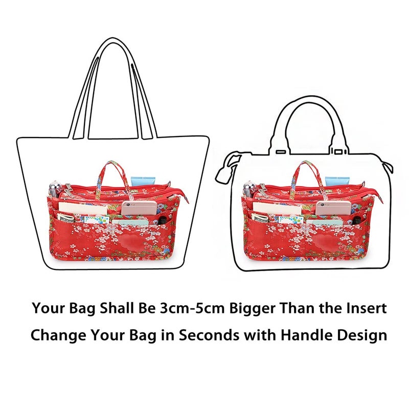 BTSKY Printing Handbag Organizers Inside Purse Insert-High Capacity 13 Pockets Bag Tote Organizer with Handle Fashion Style (Festive Flower) - Image 4